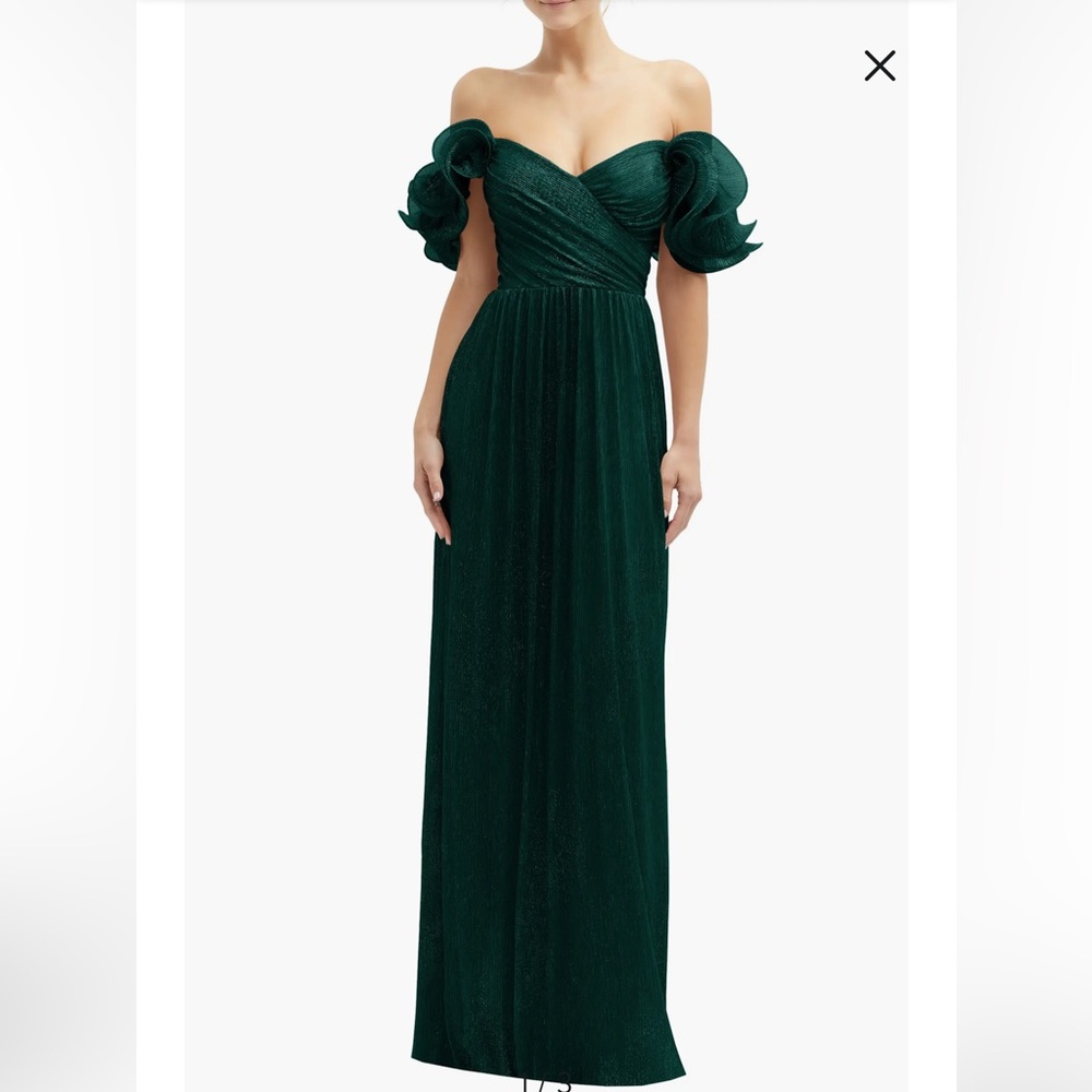 After Six Ruffle Off the Shoulder Metallic Column Gown